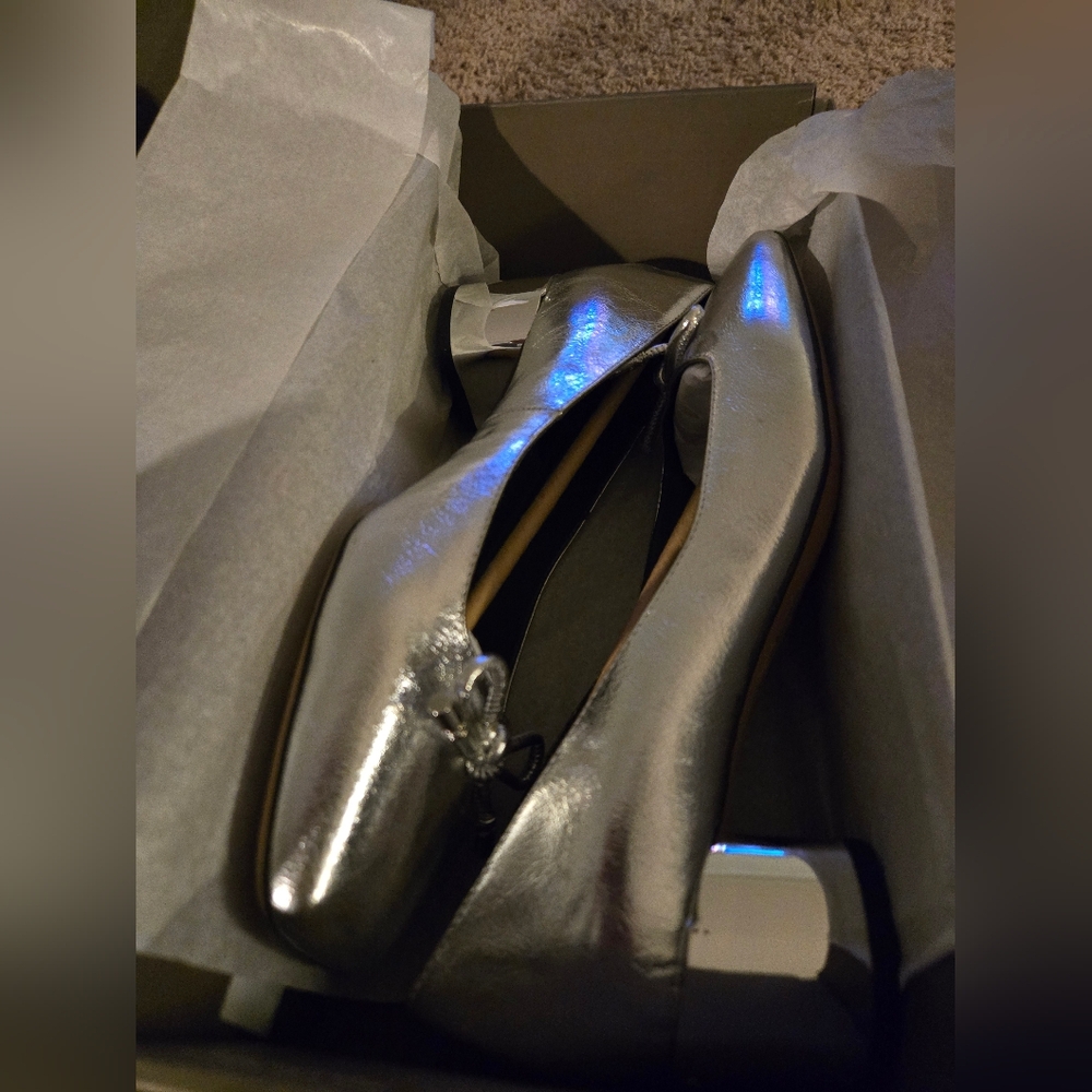 Franco Sarto Silver Metallic Square-Toe Block Heel Pump with Bow - Picture 8 of 14